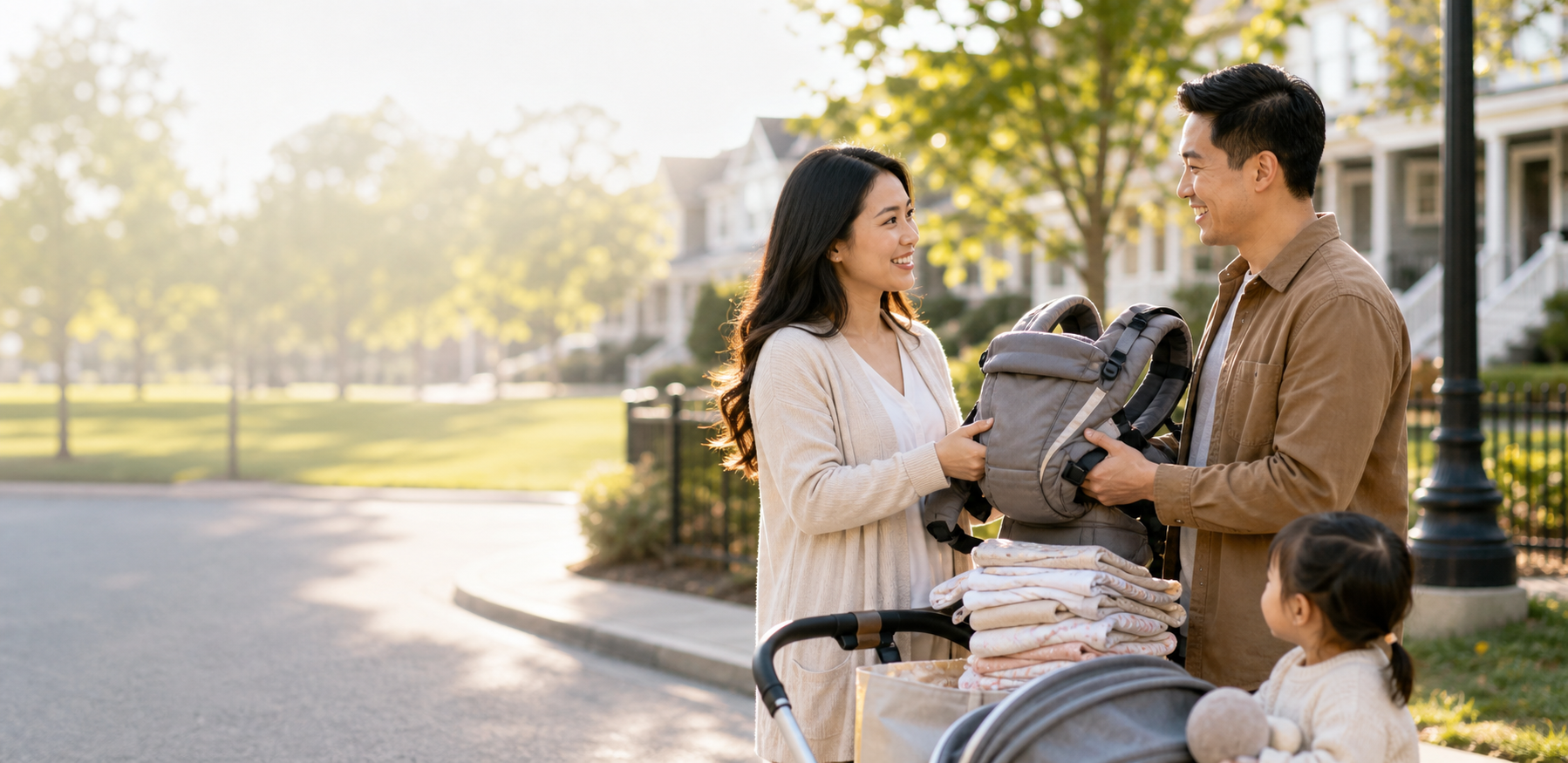 Parents exchanging gently used baby items in a sunny neighborhood